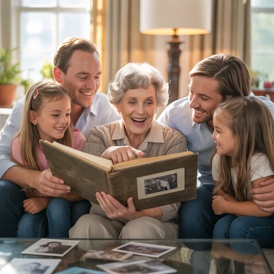 Familia compartiendo recuerdos felices mientras miran un álbum de fotos con una mujer mayor
