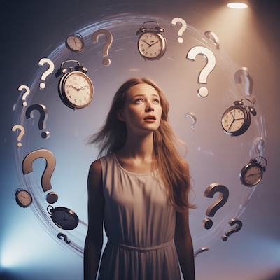 Mujer enfrentando la incertidumbre rodeada de relojes y signos de interrogación