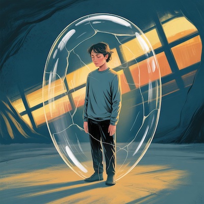 Representación conceptual de una persona con un escudo emocional frente a la intimidad