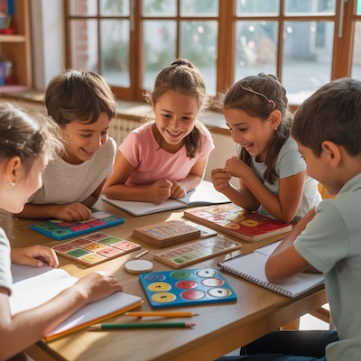 Niños jugando a juegos de mesa para mejorar la atención