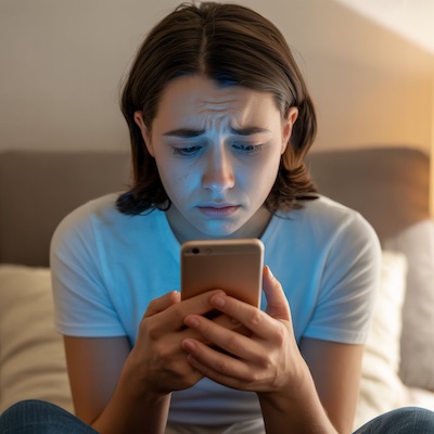 Joven mirando su teléfono móvil preocupada por un diagnóstico de salud mental en redes sociales