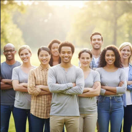Grupo de personas diversas sonriendo al aire libre