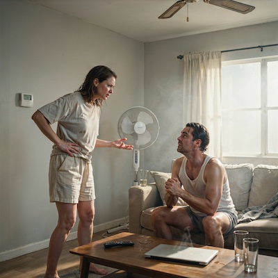 Pareja experimentando irritabilidad y discutiendo en el salón de casa debido al agobio por calor extremo