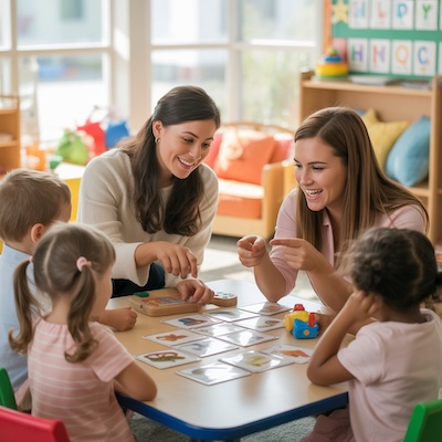 Profesora y logopeda colaborando en el aula junto a niños para coordinar estrategias de desarrollo del lenguaje