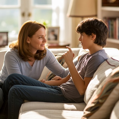 Madre e hijo adolescente hablando tranquilamente en el sofá de casa