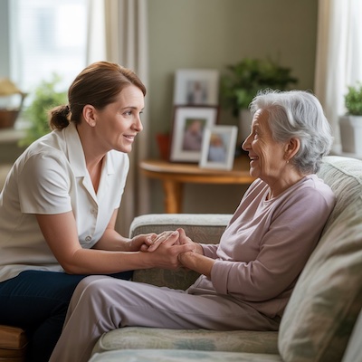 Cuidadora interactuando con persona mayor con demencia