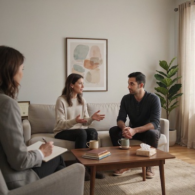 Pareja abordando la necesidad de control y aprendiendo a comunicarse con confianza en terapia