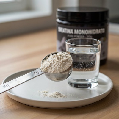 Cucharada de creatina monohidrato en polvo lista para tomar con agua