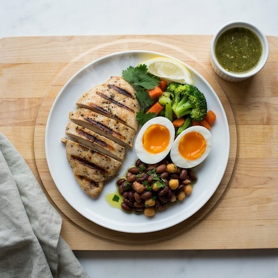 Plato con fuentes de proteína magra como pechuga de pollo, huevos y legumbres