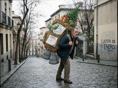 Hombre caminando con carga pesada representando la cuesta de enero