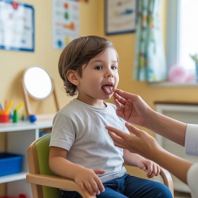 Niño en terapia miofuncional para corregir posición de la lengua