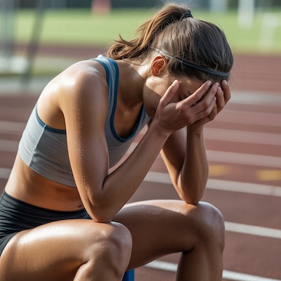 Mujer deportista sentada en la pista con signos de agotamiento y culpa