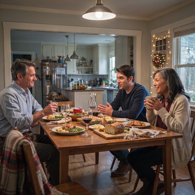 Hijo adulto y sus padres conversando en la mesa del comedor familiar durante las vacaciones