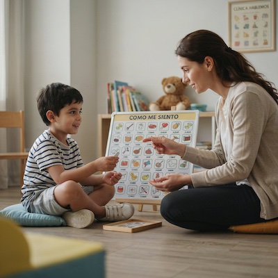 Logopeda acompañando a un niño con procesamiento gestáltico del lenguaje mediante apoyos visuales y pictogramas