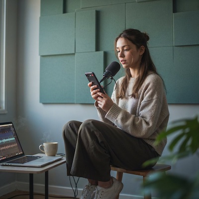 Joven creador de contenido grabando un vídeo con el móvil y cuidando su técnica vocal