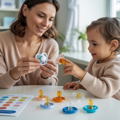 Madre e hijo eligiendo chupetes basándose en recomendaciones logopédicas