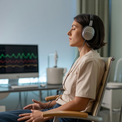 Paciente realizando ejercicios de entrenamiento auditivo con auriculares