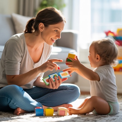 Madre interactuando con su hijo pequeño para estimular el lenguaje expresivo mediante el juego