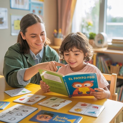 Niño en sesión de logopedia aprendiendo estrategias de comprensión lectora con una especialista