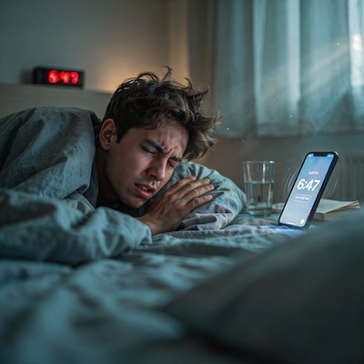 Persona sintiendo cansancio y estrés ante la alarma del despertador por la mañana