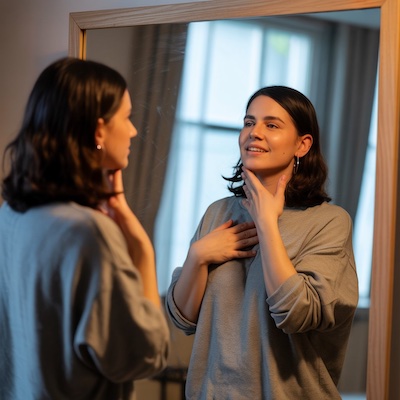 Mujer trabajando la resonancia vocal frente al espejo