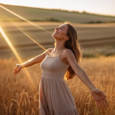 Mujer feliz en el campo recibiendo la luz del sol