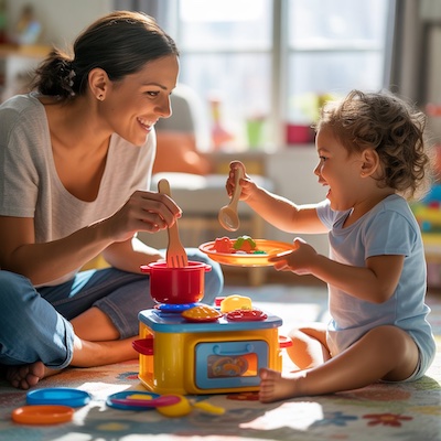 Madre y niño jugando a las cocinitas fomentando el juego simbólico y el lenguaje expresivo