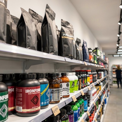 Botes de suplementos deportivos y quemagrasas en la estantería de una tienda de nutrición
