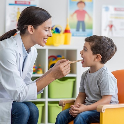 Logopeda infantil realizando una valoración funcional del frenillo corto a un niño