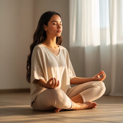 Mujer joven practicando meditación mindfulness de 5 minutos en calma