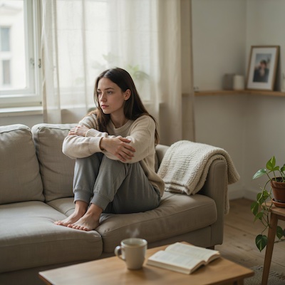 Persona reflexionando sobre su bienestar emocional y salud mental en casa