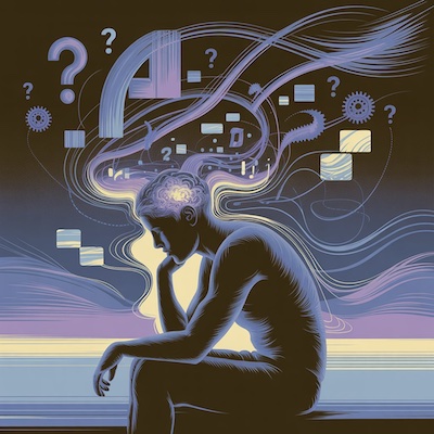 Persona analizando de forma abstracta sus pensamientos en una representación gráfica