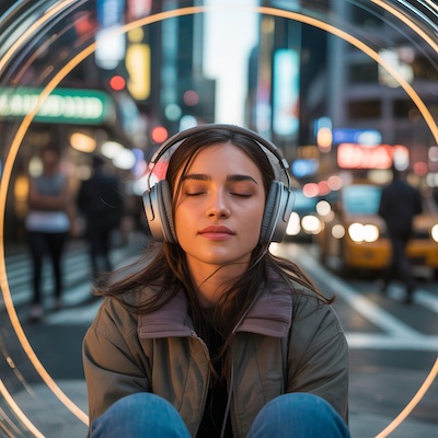 Mujer con auriculares aislándose del ruido urbano representando a una persona altamente sensible