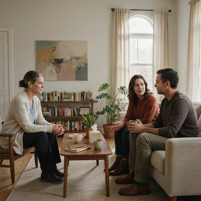 Pareja o familiares comunicándose con empatía y escucha activa sin juicios en consulta