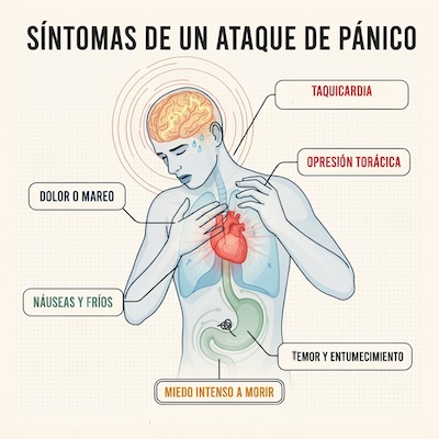 Ilustración sobre la respuesta física del cuerpo y los síntomas durante un ataque de pánico