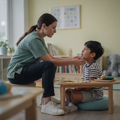 Logopeda realizando ejercicios de estimulación sensorial y soporte orofacial con un niño en sesión