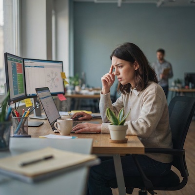 Persona en la oficina aplicando organización mental y flexibilidad cognitiva frente al ordenador