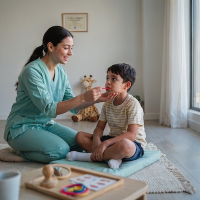 Logopeda realizando ejercicios de terapia miofuncional orofacial con un niño para fortalecer el tono muscular