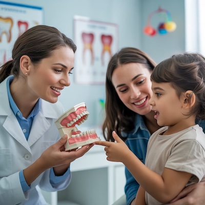 Odontopediatra mostrando un modelo de dentición a una madre y su hijo para explicar los efectos de la succión digital