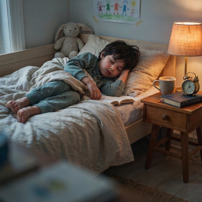 Niño descansando plácidamente en su cama durante una rutina nocturna sin pantallas