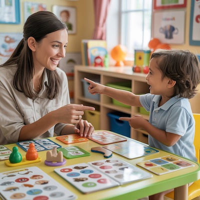 Especialista en logopedia evaluando la fluidez del habla en un niño mediante juegos interactivos