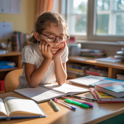 Niña con gafas concentrada en su pupitre intentando organizar sus ideas para leer y escribir de forma eficiente