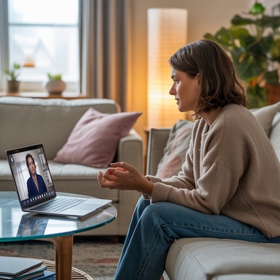 Paciente realizando sesión de terapia online desde su salón con una psicóloga en la pantalla del ordenador