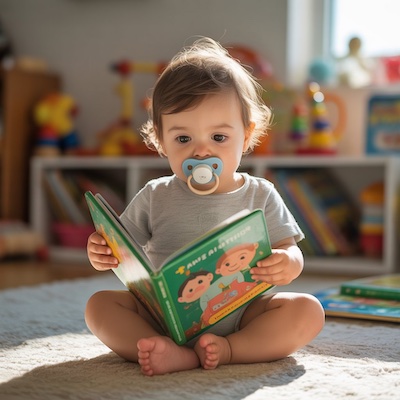 Niño pequeño leyendo un cuento mientras usa el chupete, mostrando la necesidad de vigilancia en el desarrollo del habla