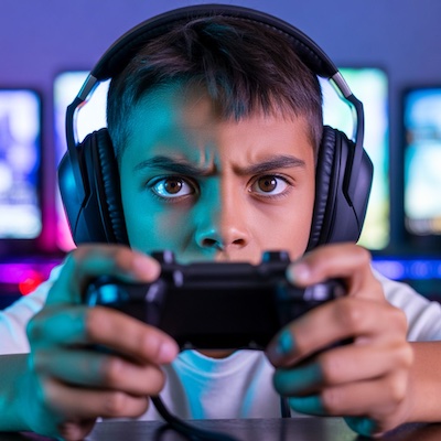 Niño concentrado jugando a videojuegos con auriculares mostrando emociones de intensidad
