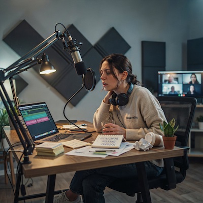 Persona grabando un podcast frente a un micrófono padeciendo fatiga vocal por el uso del vocal fry