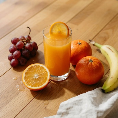 Vaso de zumo de naranja recién exprimido junto a piezas de fruta entera en la mesa de desayuno